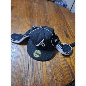 Rare New Era 59Fifty Atlanta Braves Cap Hat with Dog Ear Warmers Decals Attached